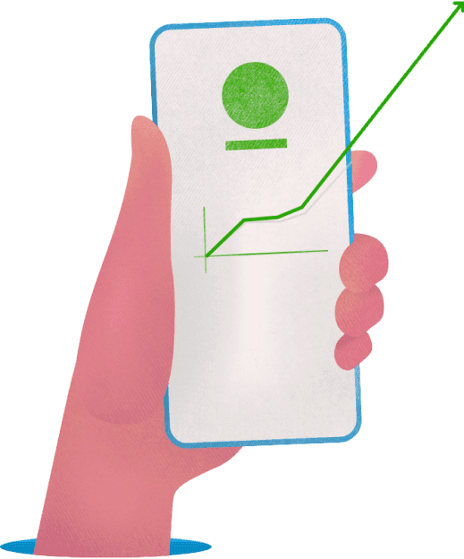 mão segurando um celular mostrando um gráfico em alta